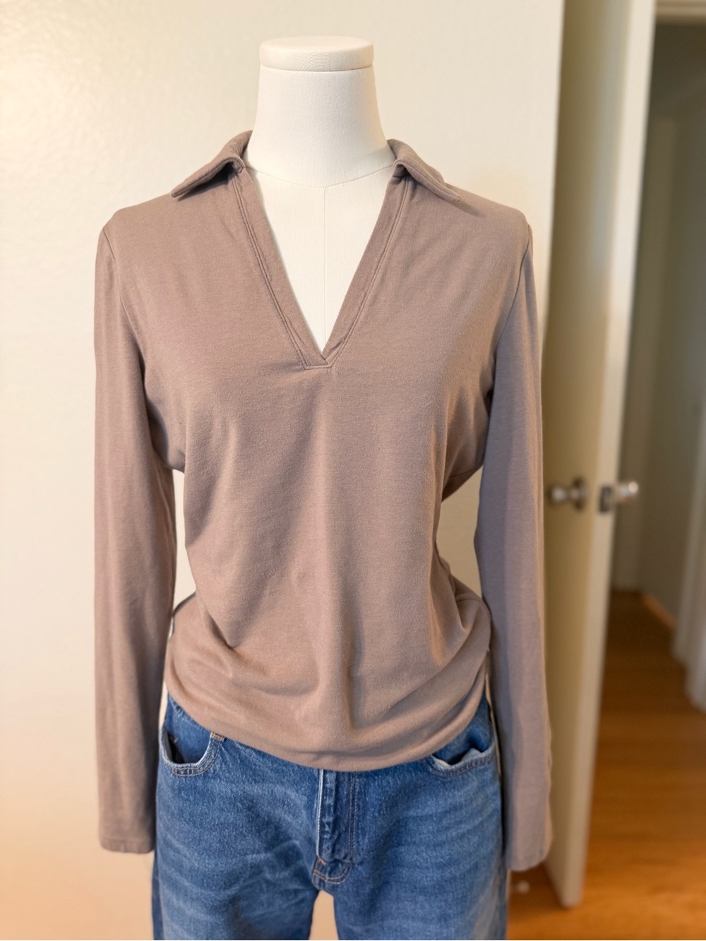 Banana Republic Taupe Long-Sleeve V-Neck Polo Top